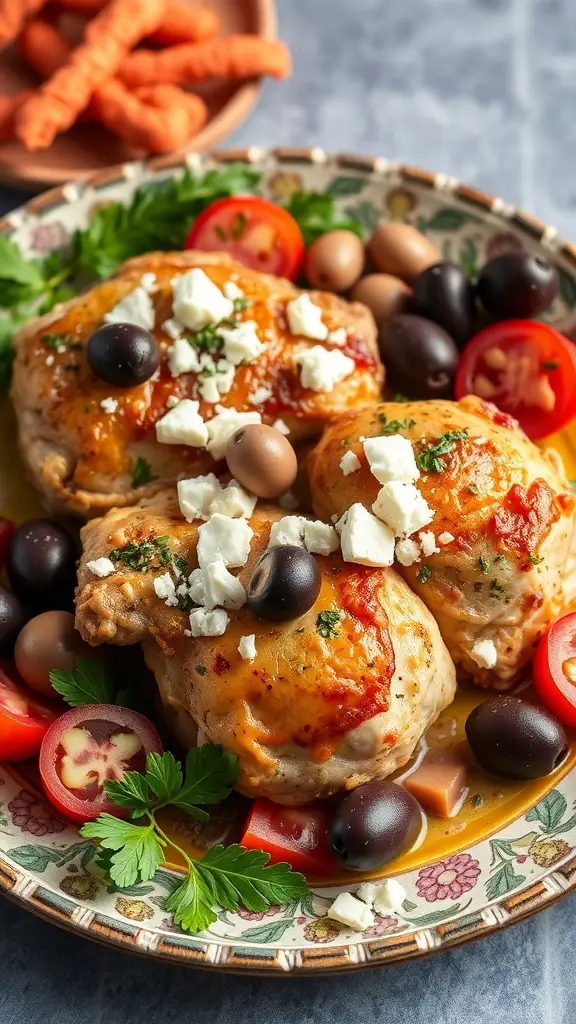 A plate of Mediterranean turkey thighs topped with olives and feta, surrounded by cherry tomatoes and parsley.