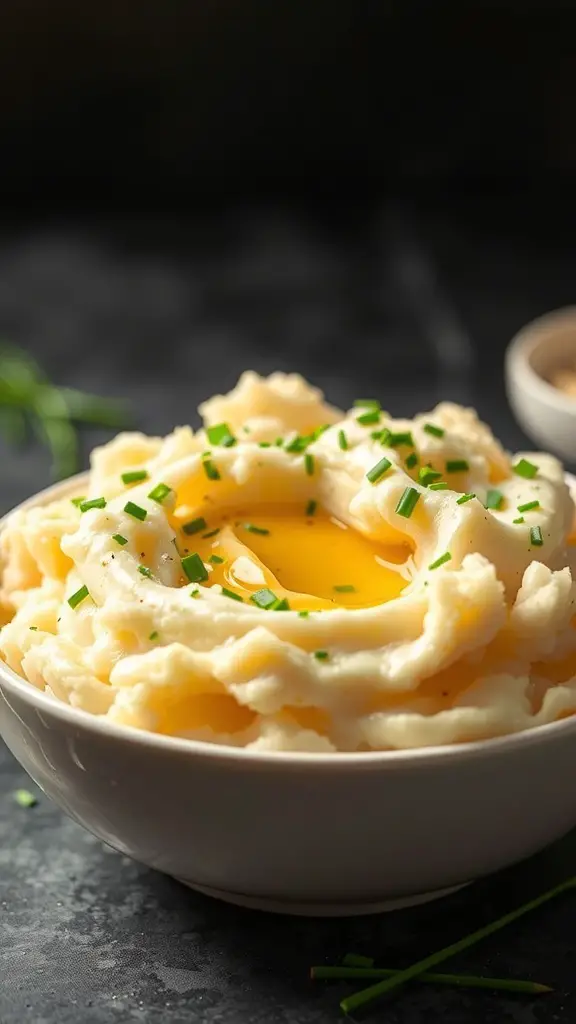 Bowl of creamy mashed potatoes topped with an egg yolk and chives