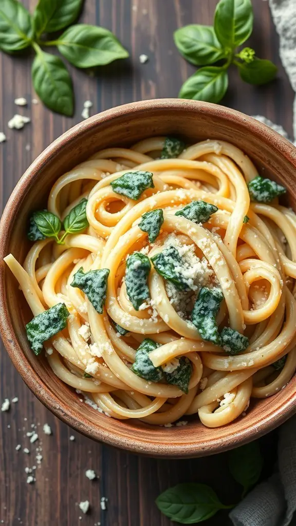 A bowl of Spinach and Artichoke Alfredo pasta garnished with fresh spinach leaves.