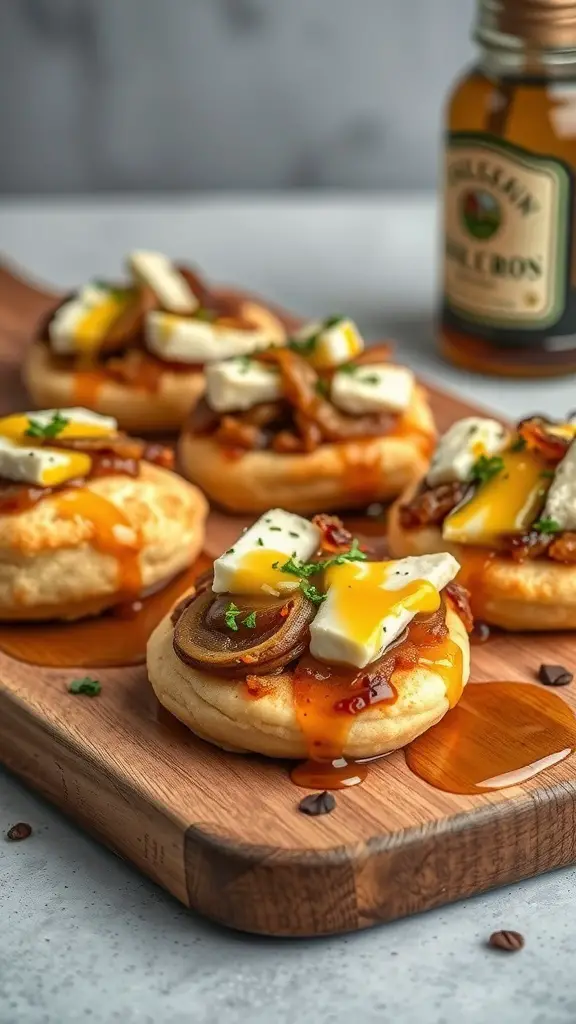 Caramelized onion and goat cheese biscuits on a wooden platter