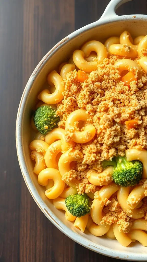 Creamy Cheddar and Broccoli Macaroni Casserole with breadcrumbs on top