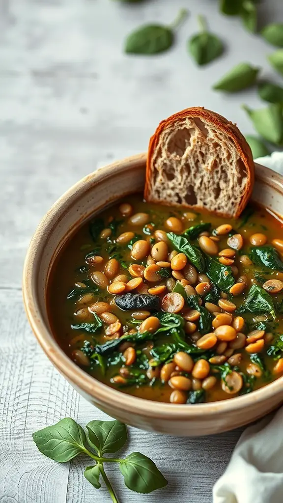 A bowl of lentil and spinach soup with a slice of bread on the side.