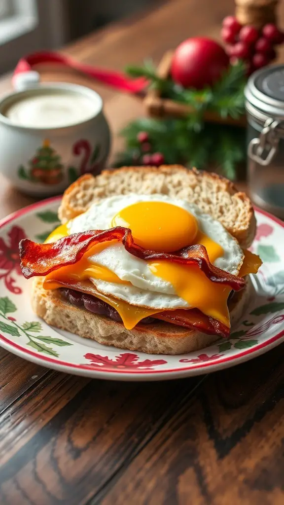 A delicious maple bacon breakfast sandwich with a fried egg and cheese on a festive plate.