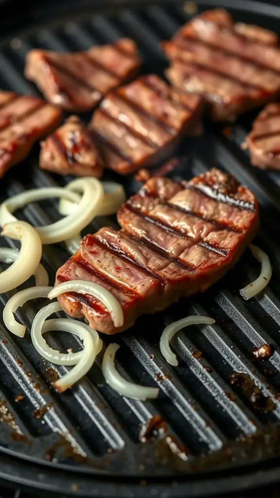 Grilled steak slices with onions on a Blackstone griddle
