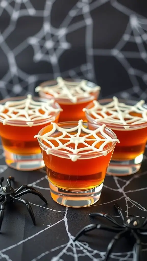 Four jello shots with spider web designs on top, surrounded by plastic spiders.