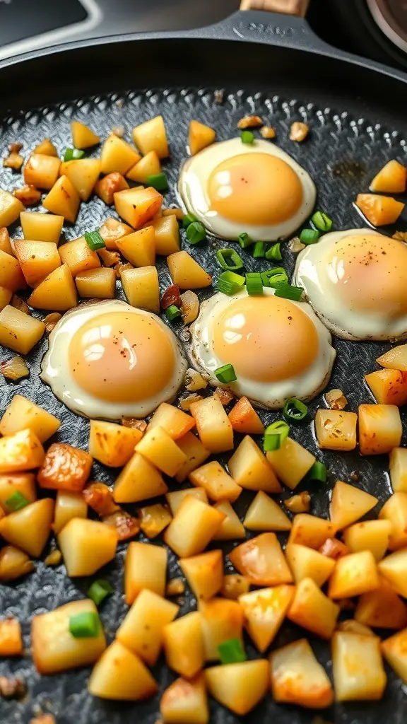 Crispy potato hash with eggs on a griddle