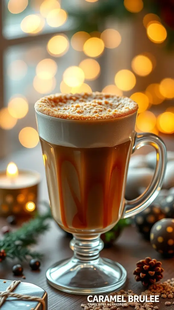 A Caramel Brulee Latte in a glass, topped with whipped cream and caramel, with festive lights in the background.