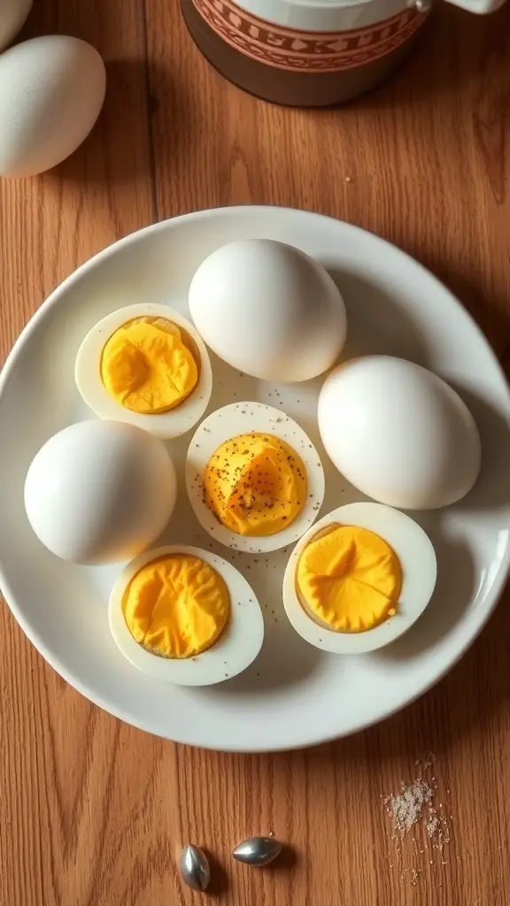 A plate of hard-boiled eggs, some whole and some sliced in half, showing the bright yellow yolks.