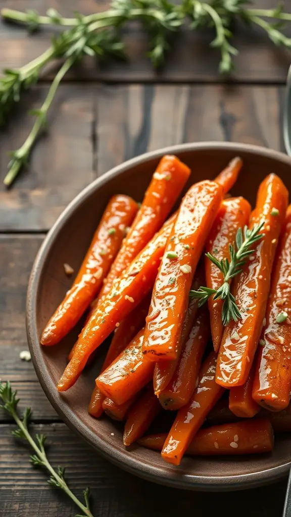 A plate of honey-glazed carrots with thyme, garnished with fresh thyme sprigs.