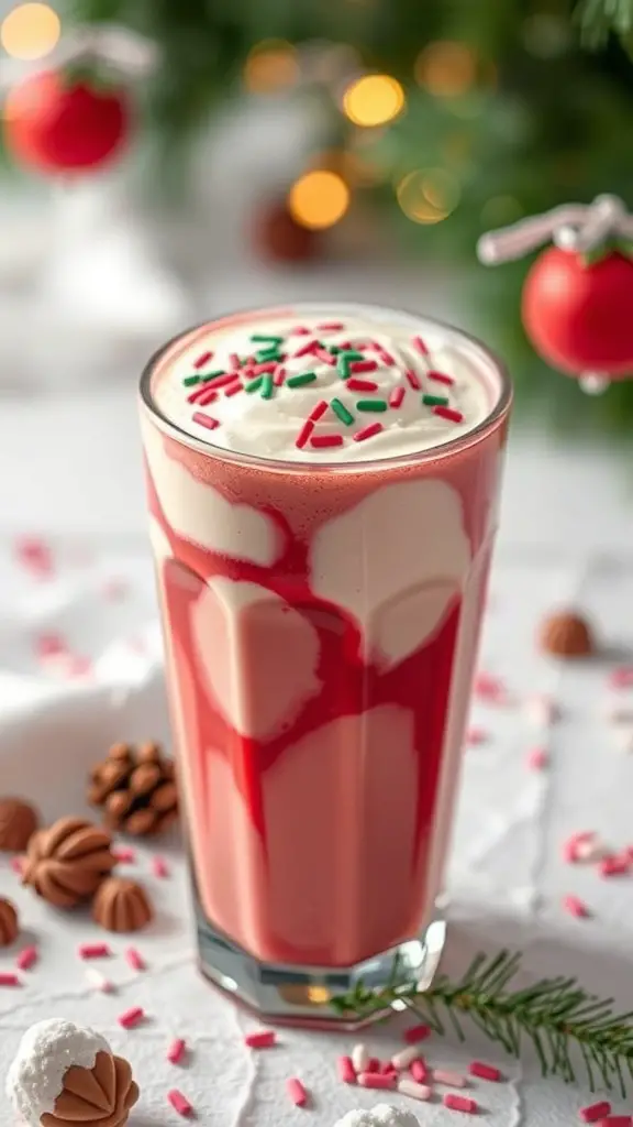 A glass of Red Velvet Milk topped with whipped cream and colorful sprinkles, surrounded by holiday decorations.