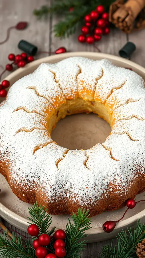 A beautiful Ciambella cake dusted with powdered sugar, surrounded by festive decorations.