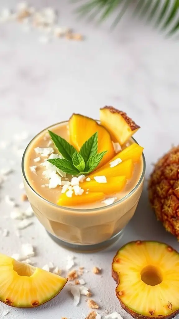 A Tropical Paradise Smoothie Bowl with pineapple, mango, and coconut toppings