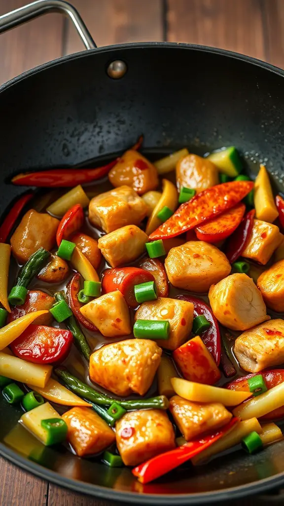 A colorful stir-fry with chicken thighs, bell peppers, and green onions in a black pan.