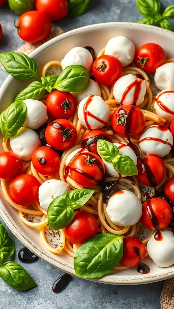 A bowl of Caprese Pasta Salad with cherry tomatoes, mozzarella balls, and fresh basil.