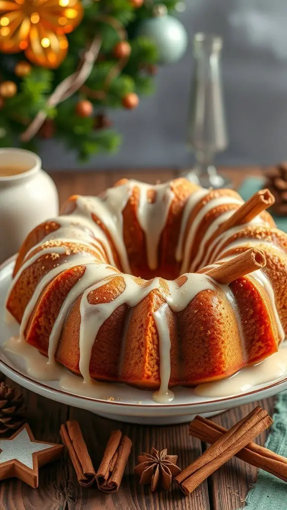 A beautifully decorated Eggnog Bundt Cake with a nutmeg glaze, surrounded by festive decorations.