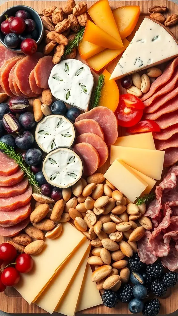 A beautifully arranged cheese and charcuterie board featuring various cheeses, meats, fruits, and nuts.