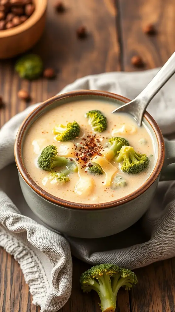 A bowl of creamy broccoli and cheese soup garnished with broccoli florets and red pepper flakes, set on a wooden table.