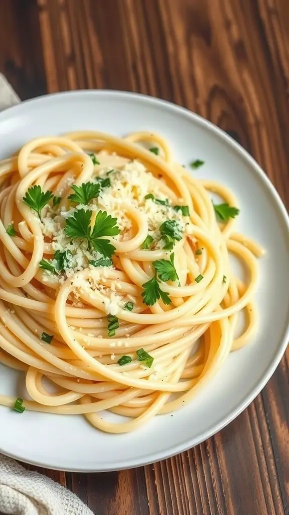 A plate of creamy Alfredo pasta topped with parsley on a wooden table.