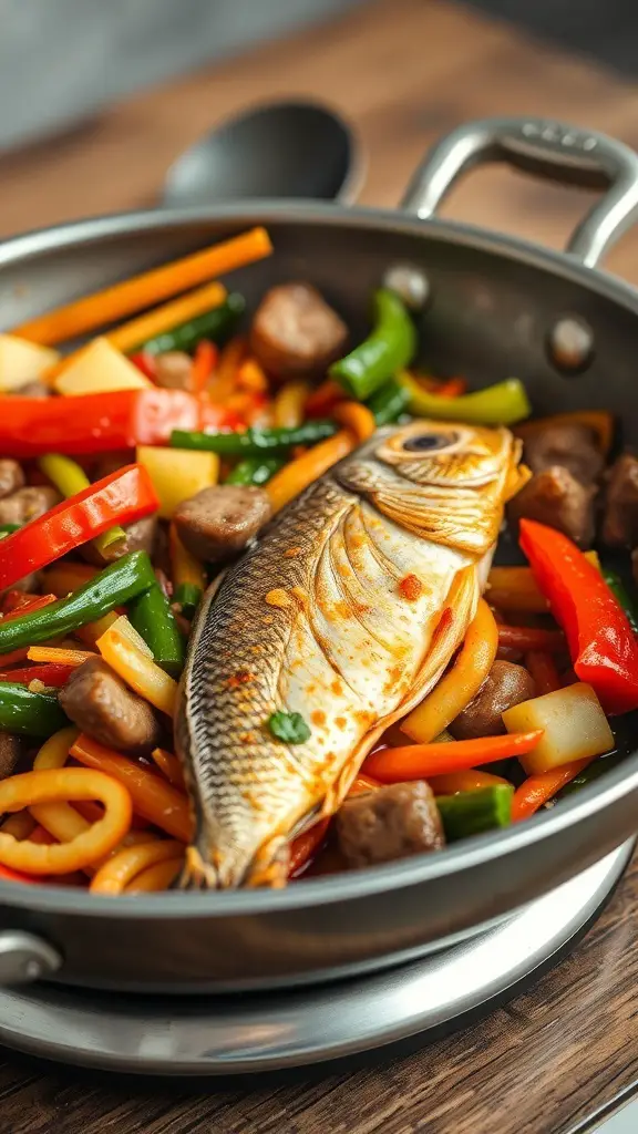 A stir-fry dish featuring canned mackerel and colorful vegetables in a skillet.