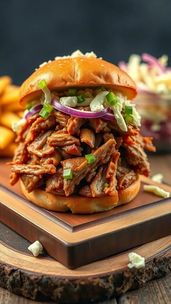 A close-up of a BBQ pulled pork sandwich topped with green onions and coleslaw, served with fries.