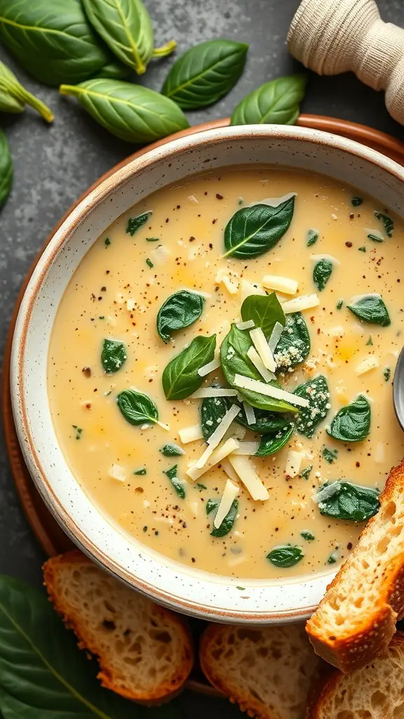 A bowl of creamy spinach and artichoke soup topped with fresh spinach leaves and cheese, with slices of bread on the side.
