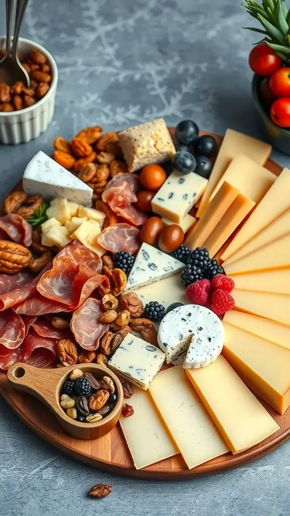 A beautifully arranged cheese and charcuterie board with various cheeses, cured meats, nuts, and fresh fruits.