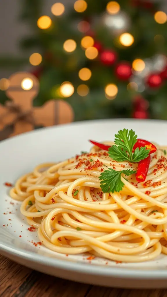 A plate of spaghetti aglio e olio garnished with red chili flakes and parsley, set against a festive background.