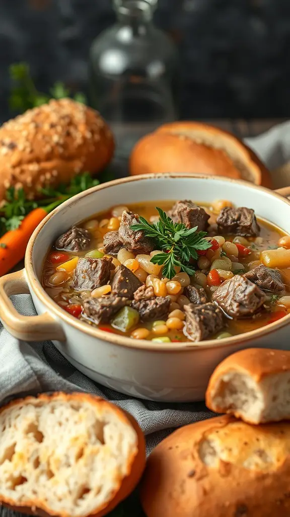 A bowl of hearty beef and barley stew with chunks of beef and colorful vegetables, surrounded by fresh bread rolls.