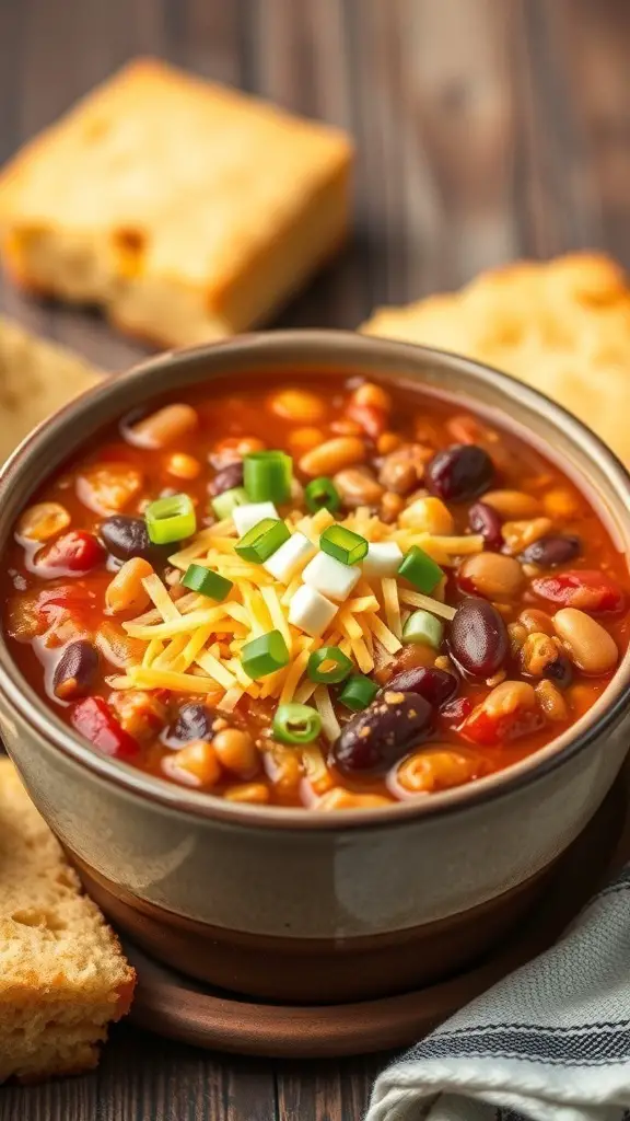 A bowl of turkey chili with beans topped with cheese and green onions, served with cornbread.