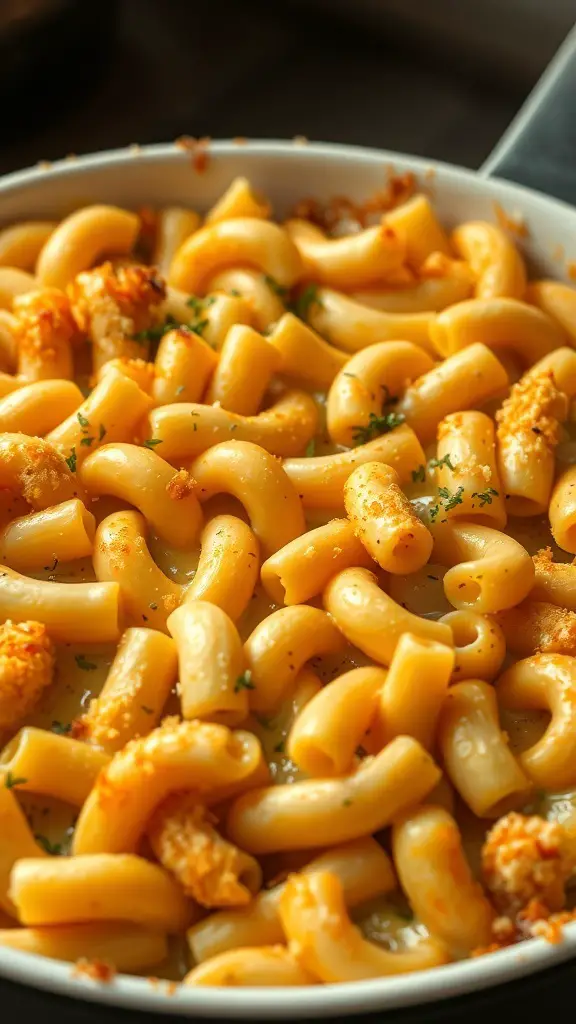 A creamy and cheesy baked mac and cheese dish with elbow noodles and a crispy topping.