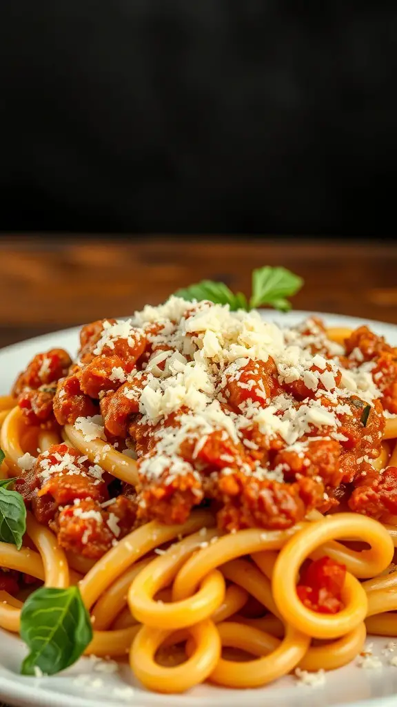 A plate of cavatappi pasta with Bolognese sauce and Parmesan cheese