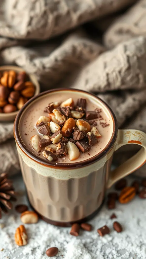 A cozy mug of hot cocoa topped with nuts and chocolate bits, surrounded by more nuts and a soft blanket.