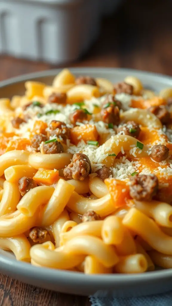 A close-up of a delicious hamburger macaroni casserole topped with cheddar and Parmesan cheese.