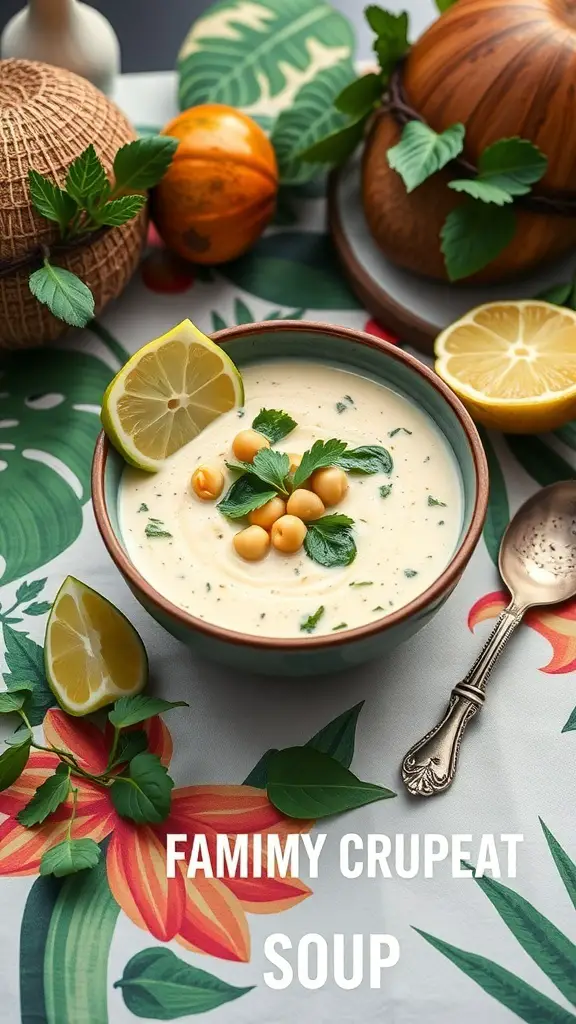 A bowl of Coconut Chickpea and Spinach Soup garnished with lemon and herbs.