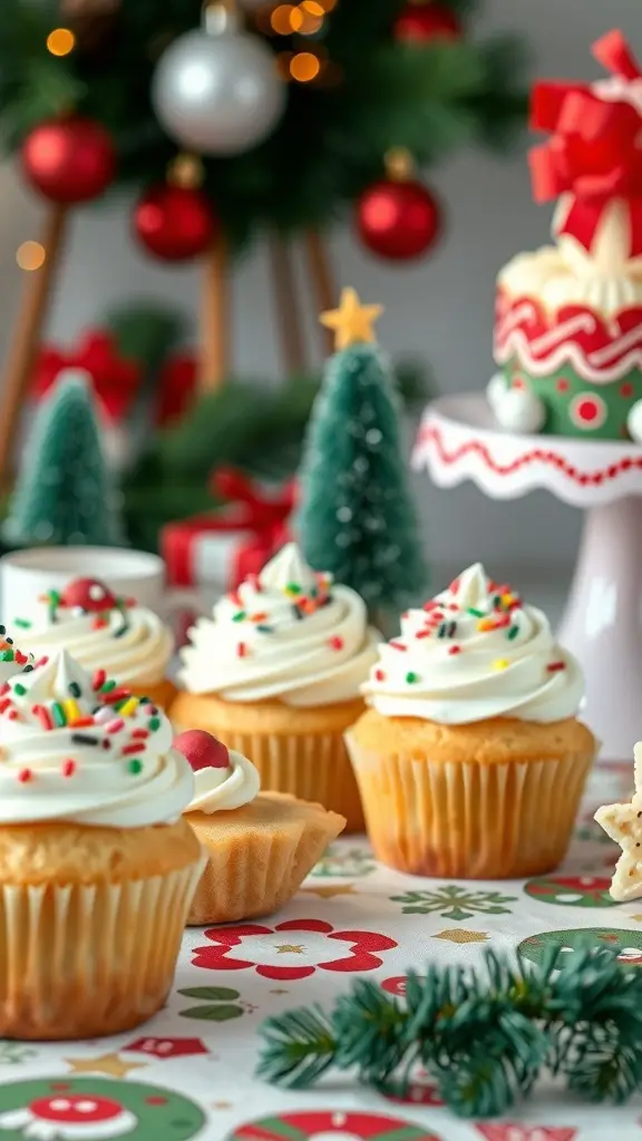 A festive display of frosted sugar cookie cupcakes with colorful sprinkles, surrounded by Christmas decorations.