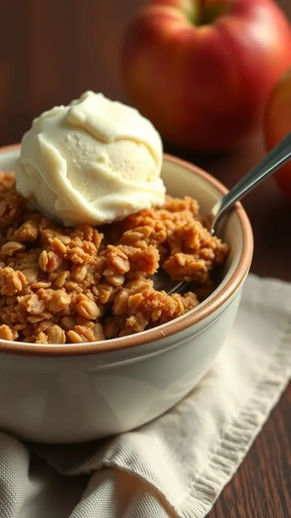 A bowl of apple crisp topped with vanilla ice cream, with fresh apples in the background.