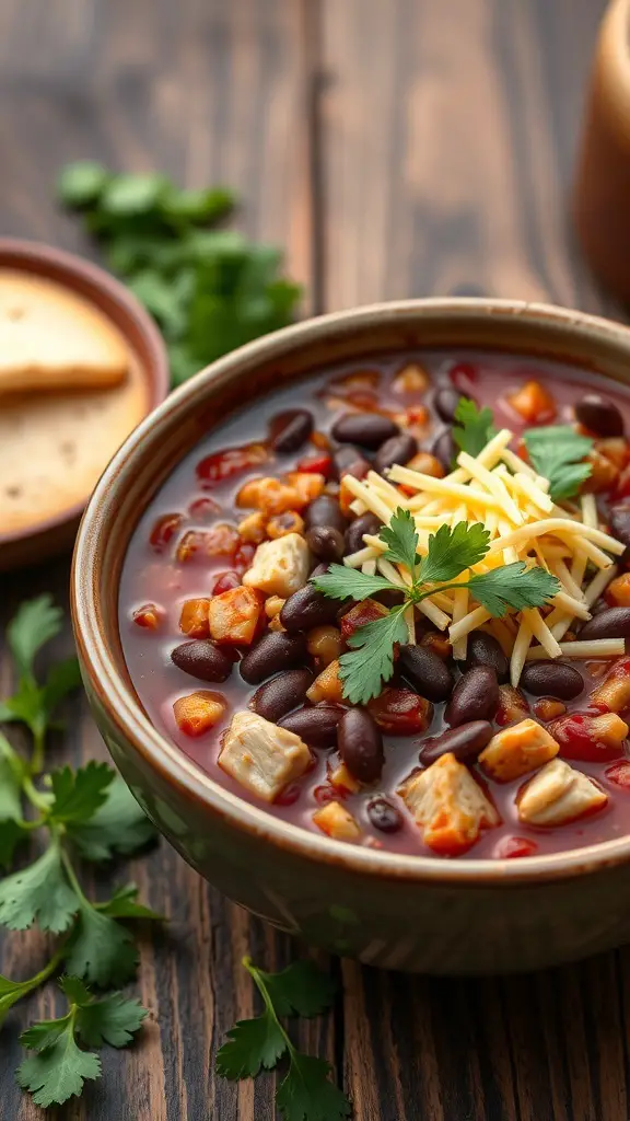 A bowl of Chicken and Black Bean Chili topped with cheese and cilantro, with tortilla chips on the side.
