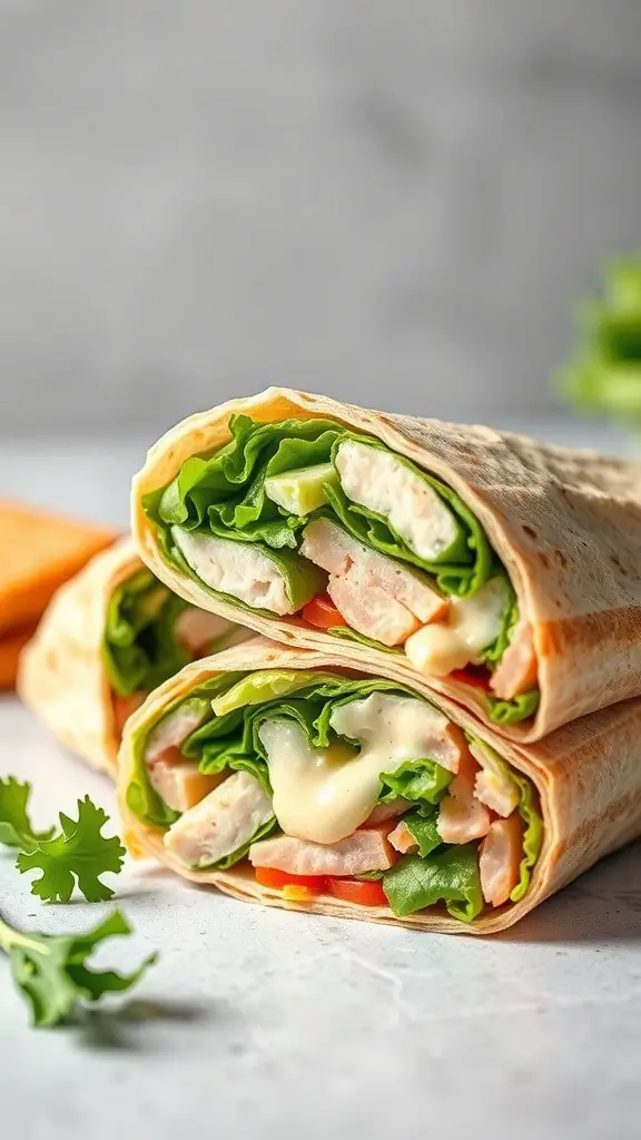 A delicious turkey Caesar wrap with lettuce, turkey, and dressing, sliced in half.