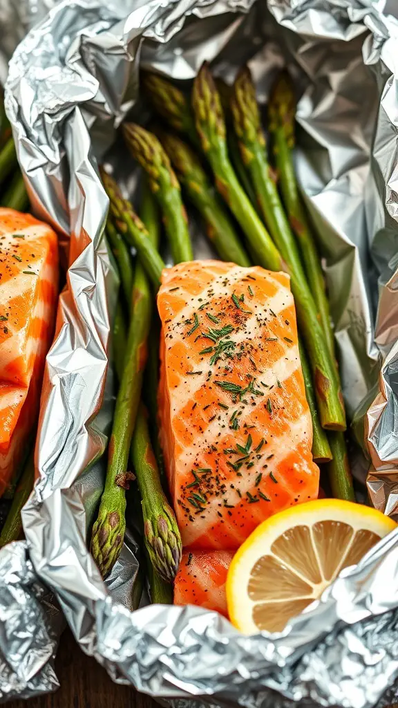Salmon fillets and asparagus in aluminum foil packets with lemon slices