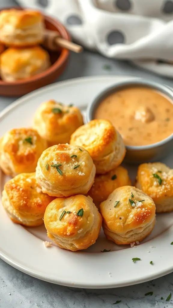 A plate of golden Savory Cheddar Biscuit Bites with a creamy dipping sauce.