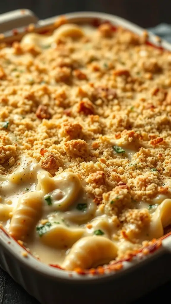 A close-up of a turkey tetrazzini casserole topped with breadcrumbs and cheese.
