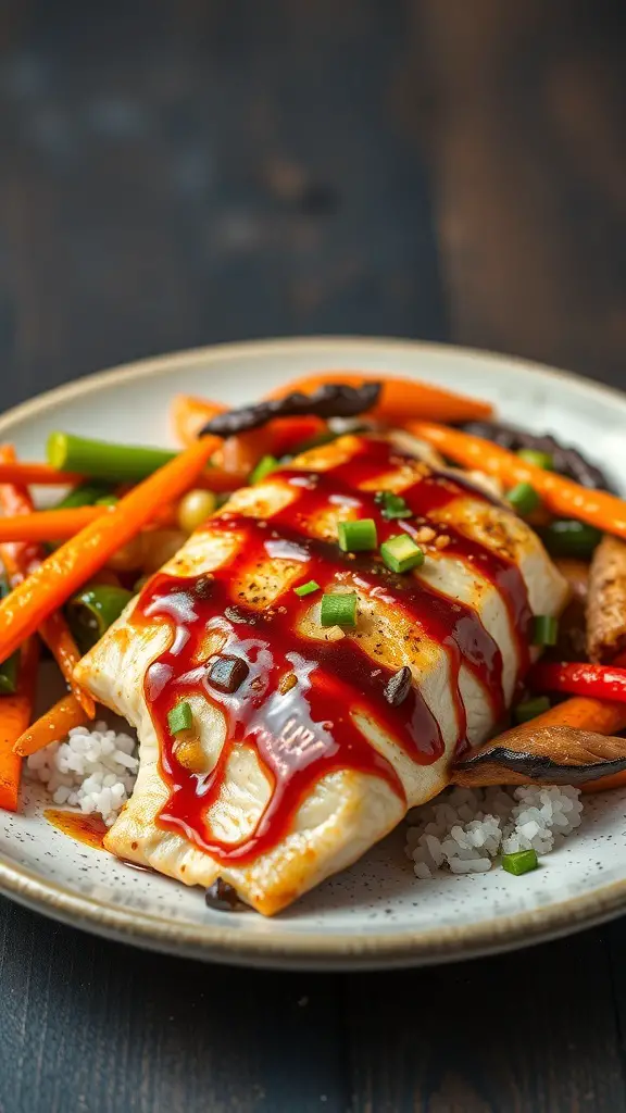 A plate of Teriyaki Tilapia with stir-fried vegetables and rice.