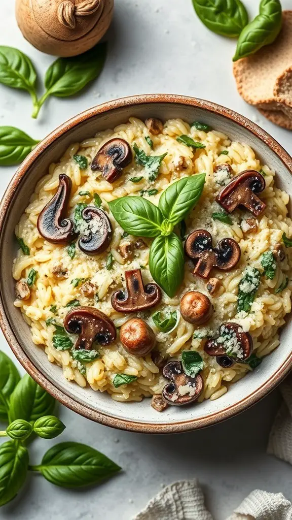A bowl of Mushroom and Spinach Risotto garnished with basil leaves, surrounded by fresh basil and a wooden spoon.