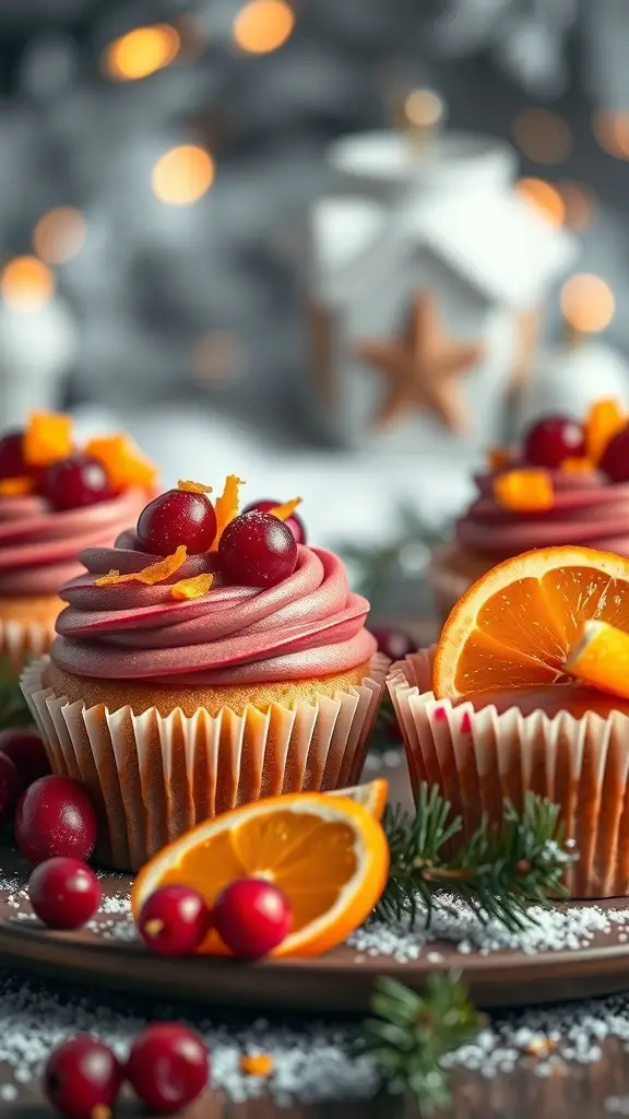 Cranberry Orange Bliss cupcakes with orange slices and cranberries on top