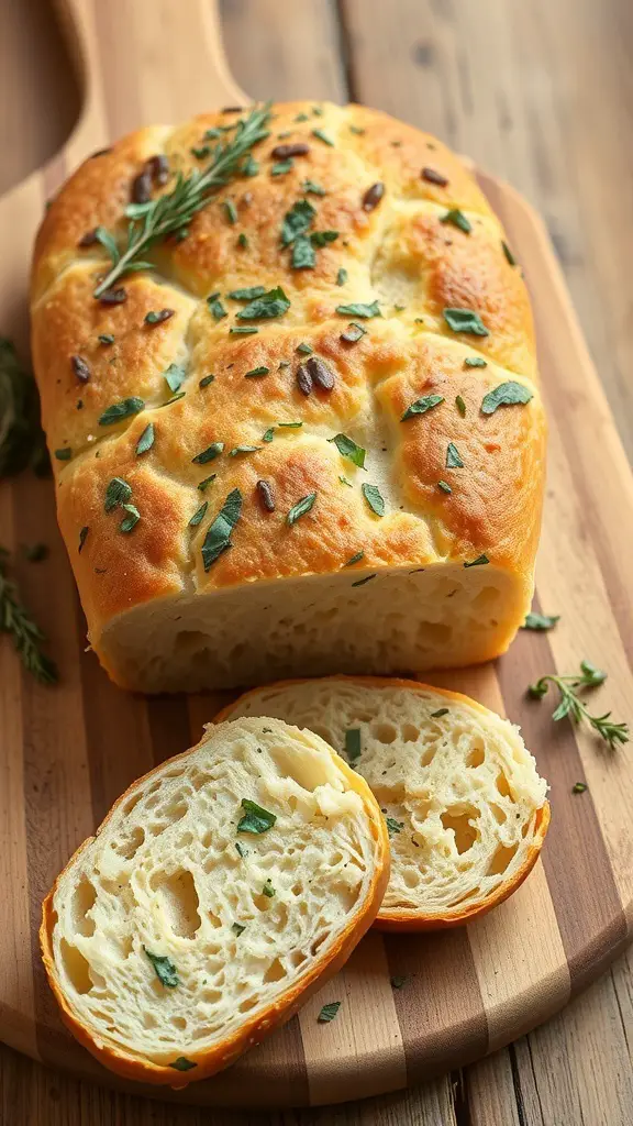 Freshly baked garlic herb focaccia bread on a wooden cutting board, with slices cut and herbs sprinkled on top.