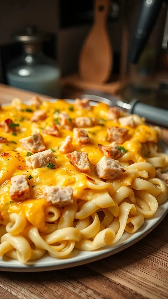A delicious egg noodle casserole topped with cheese and ham.