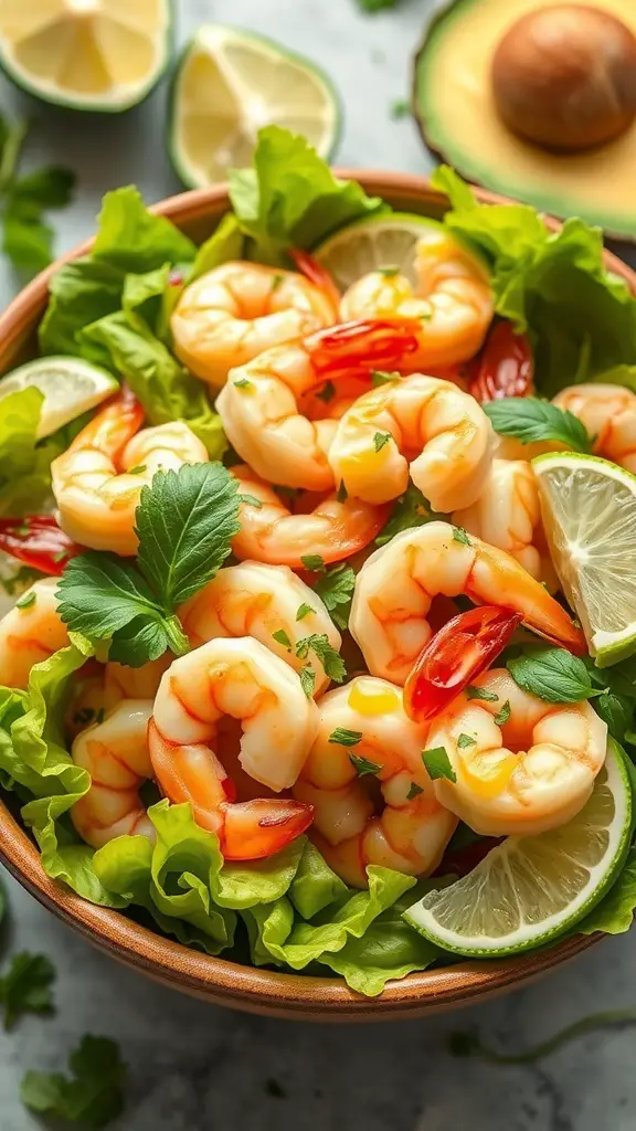 A bowl of shrimp and avocado salad with lime and lettuce