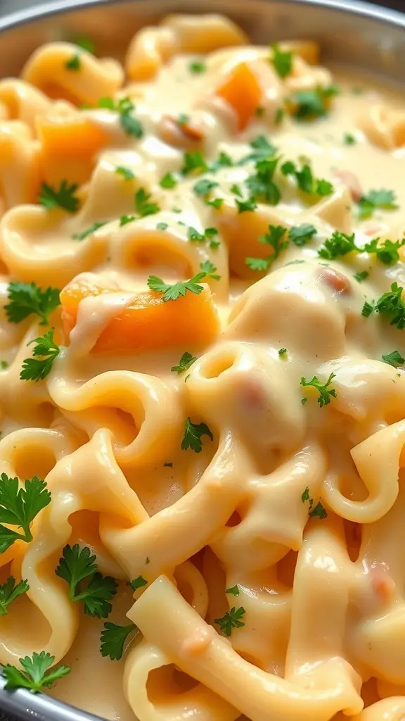 Creamy egg noodle casserole with Alfredo sauce and parsley garnish