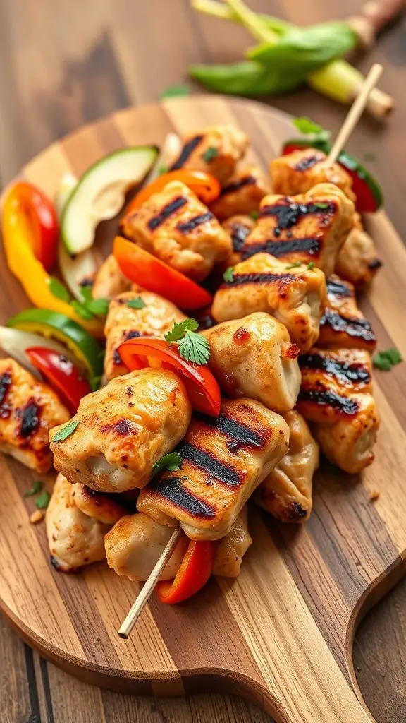 Grilled honey garlic chicken tenderloin skewers with colorful bell peppers on a wooden platter.