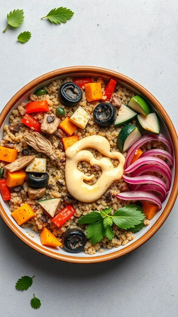 A colorful roasted vegetable grain bowl with quinoa, bell peppers, zucchini, and a creamy sauce.